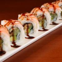 Scorpion Roll · Shrimp on top of eel, avocado and cucumber. Served with eel sauce