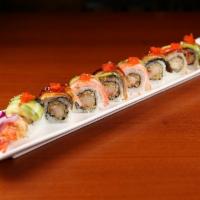 Alligator Roll · Eel, crab sticks, avocado, cucumber and flying-fish roe on top of shrimp tempura roll. Serve...