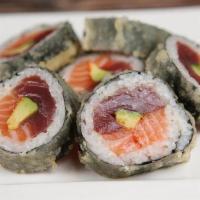 Delicious Roll · Tuna, salmon, asparagus and flying-fish roe in light tempura batter. Served with eel sauce