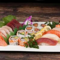 Sushi & Sashimi Combo · Assortment of 9 sashimi, 6 nigiri, spicy tuna roll and california roll