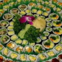 B: Vegetarian Platter 116 Pc · Mushrooms tempura roll, sweet potato roll *2, avocado roll *2, cucumber roll *2, avo-cu roll...