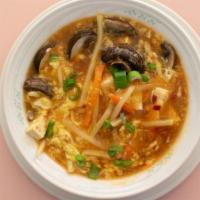Small Hot And Sour Soup · Vegetarian; mushrooms, tofu, carrot, bamboo, egg drop, topped with scallions