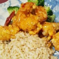 General Tso'S Shrimp · fried jumbo shrimp topped with General Tso's sauce on a bed of broccoli