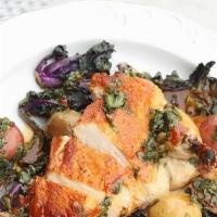 Pan Seared Chicken · Kale Spouts, marble potato, Chimichurri, chicken jus