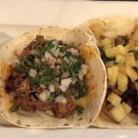 Toluca Tacos · Gluten free. Select two, served with rice and beans. Choices: chicken, steak, carnitas, al p...
