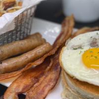 Fortissimo Plate · Two eggs, two meats, ham, sausage, bacon, or turkey. Served with Parmesan steak fries. Choic...