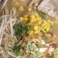 Miso Ramen · Miso paste soup, topped with roasted pork (charshu), bean sprouts, fish cake, kernel corn, s...