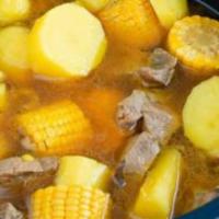 Sancocho Colombiano De Res · Beef Ribs Colombian Soup, Served with white Rice & avocado