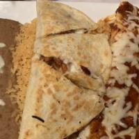 #5 One Beef Burrito - One Beef Enchilada - One Cheese Quesadilla · with Rice and Beans