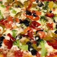 Vegetarian Pizza · Mushrooms, Broccoli, Tomatoes, Sweet Peppers, Black Olives & Mozzarella Cheese