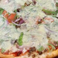 Cheesesteak Hoagie Pizza · Lettuce, Tomatoes, Steak, Raw Onions & Mozzarella Cheese