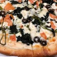Greek Pizza · Feta, Tomato, Spinach, Black Olives, Garlic & Oil