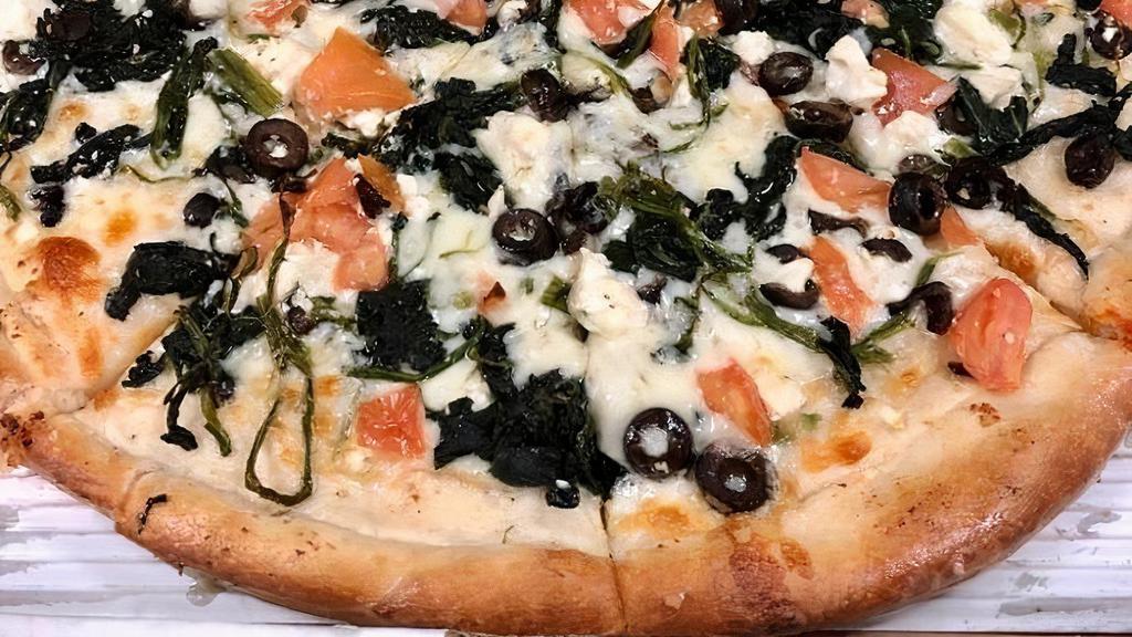 Greek Pizza · Feta, Tomato, Spinach, Black Olives, Garlic & Oil