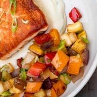 Pan Roasted Salmon · Bell peppers, corn, cauliflower puree. Diary-free and gluten-free.