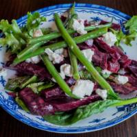 Roasted Beet & Haricot Verts Salad · With aged fig balsamic vinaigrette and goat cheese.