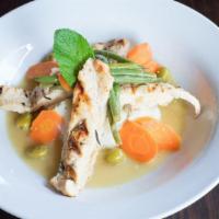 Char-Grilled Chicken Breast · With roasted garlic mashed potatoes, haricot verts, carrots, and a Moroccan olive with sweet...