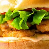 Chicken Po Boy Sandwich · Po Boy on a BUN!  Crispy chicken, lettuce, tomato, & Yum Yum sauce on a soft sandwich roll w...