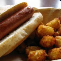 Kids Hot Dog & Tater Tots · All beef hot dog with tater tots.  Comes with a side of apple sauce.