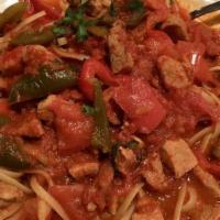 Veal & Peppers · Cubes of veal, bell peppers served with a marinara sauce over pasta.