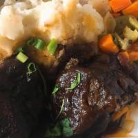 Short Rib · Gluten free.  Perfectly braised, buttery mashed, chef's veg