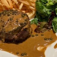 Beef Tournedos, Pepper Sauce · Seared beef filet tournedos, served with French Fries mixed green salad and peppercorn sauce