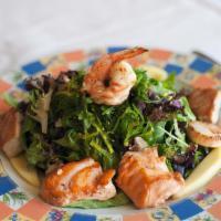 Salade Aux Fruits De Mer · Spring green salad with grilled salmon, shrimp and fresh fish of the day.