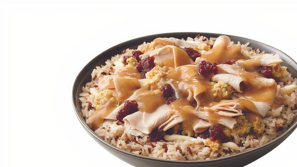 Thanksgiving Toasted Bowl Medium · Hand-sliced Turkey Breast, Stuffing, Cranberry Sauce & Mayo. Served over our Rice & Grains Blend with quinoa, Colusari red rice, red jasmine rice, baby lentils and long-grain rice. Side of Hot Gravy.