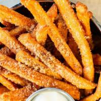 Sweet Potato Fries · brown sugar cayenne salt, smoked maple aioli