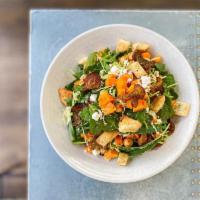 Farmstead Salad · shaved brussels sprouts, apple, marinated chickpea, feta, za'atar croutons, beet chips, kale...