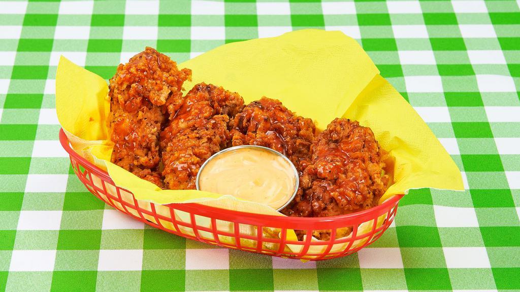 4 Chicken Tenders Meal · Four chicken tenders served with your choice of sauce, dipping sauce, and choice of side.