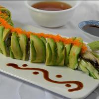 Green Dragon Roll · Eel, cucumber inside, topped with avocado.