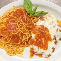 Chicken Parmigiana · Chicken cutlet italian style with our marinara and melted mozzarella cheese. served with sal...