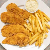 Chicken Fingers & Fries · Served with honey mustard.