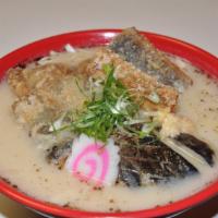 Fishman Ramen · Authentic Japanese ramen in house special vegetable broth, topped with salmon skin tempura, ...