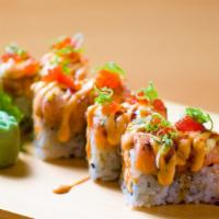 Salmon Dynamite · Eight pieces special crab meat maki, topped with seared salmon and tobiko with spicy mayo an...