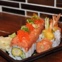Red Sox · Eight pieces of shrimp tempura maki topped with spicy tuna, tobiko, and spicy mayo.