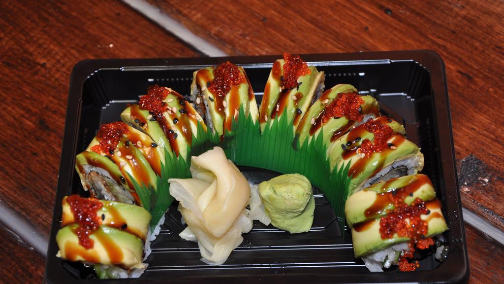 Sp14. Caterpillar Maki · Eight pieces unagi cucumber maki, topped with avocado and tobiko with eel sauce.