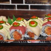 Kiss The Fire · Eight pieces spicy mix fish maki, topped with white fish, tuna and jalapeno with yuzu wasabi...
