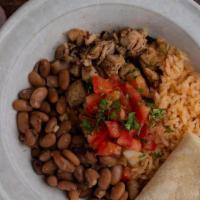 Bowl** · Choice of meat, choice of beans, rice, pico de gallo, sour cream, salsa verde, cheese, and s...