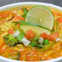 Veggie Thukpa Soup · Vegetarian. Tibetan style noodle soup: egg noodles / veggie broth / mixed vegetables / stirr...