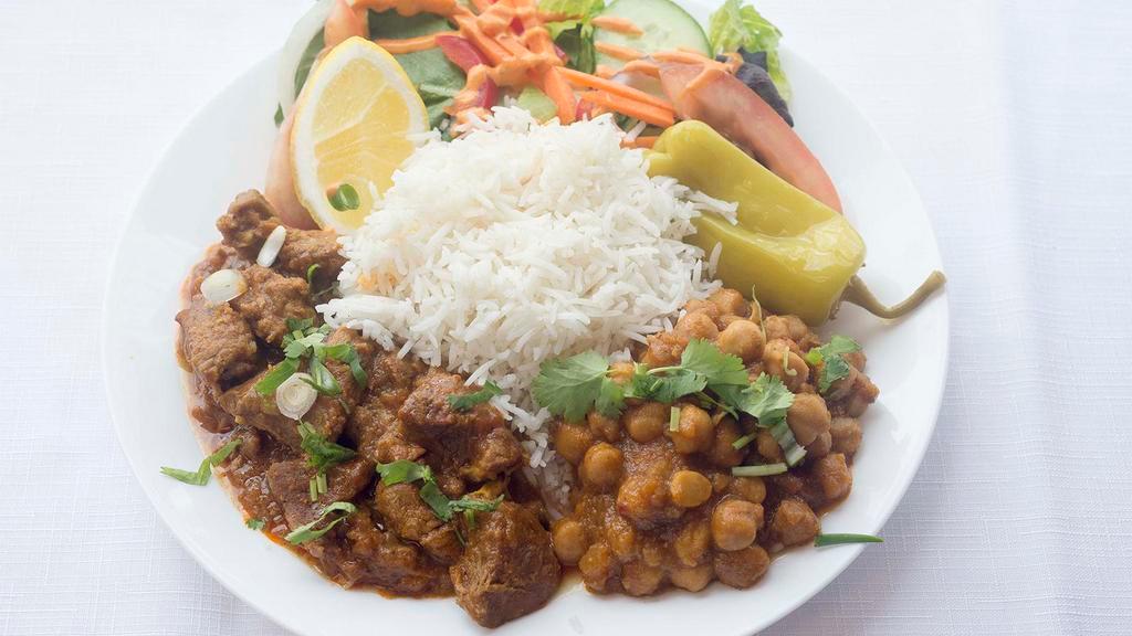 Lamb Curry · Side of basmati rice, chickpeas and green salad.