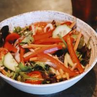 Greens & Goodies Salad · mesclun greens, tomatoes, red onion, carrots, cucumbers, red bell peppers, balsamic vinaigre...