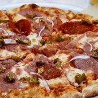 Spicy Palermo Pizza · genoa salami, capicola, pepperoni, Italian long hots, red onion, mozzarella, pecorino romano...