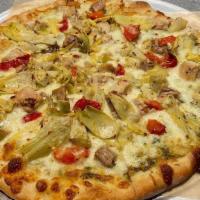 Chicken & Artichoke Pizza · basil pesto, roasted red peppers, provolone, mozzarella,pecorino romano