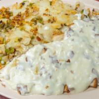 Creamed Chipped Beef With Hf · Homemade creamed chipped beef served over choice of bread with home-fries.