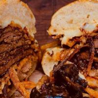 Roast Beef Sandwich · slow cooked beef, crispy onions, horseradish aioli, mushrooms, cheese blend