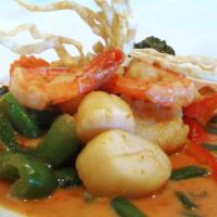 Seafood Panang · Sauteed shrimp and scallops with panang curry paste, string bean and bell pepper.