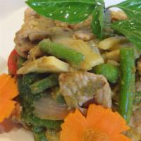 Curry Paste With Lemongrass · Sauteed green curry paste with bamboo shoot, baby corn, carrot, bell pepper, lime and lemong...