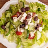 Greek Salad · mixed fresh salad with tomato, cucumber, red onion, kalamata olives & feta cheese