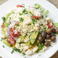 Mediterranean · Romaine, ripe tomatoes, onions, green peppers, cucumbers, olives, feta cheese and a vinegar ...